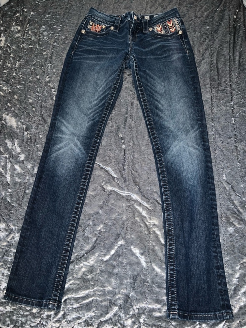 Miss Me Dark Indigo Skinny Jeans with Embroidered Pocket Accents